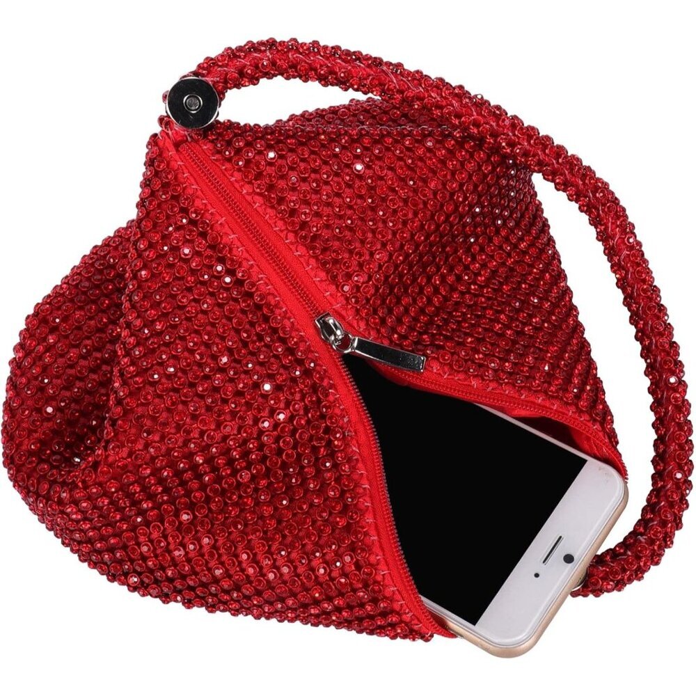 Women Red Beaded Clutch Purse Evening Triangle Bag for Wedding Party and Phone - Picture 7 of 7